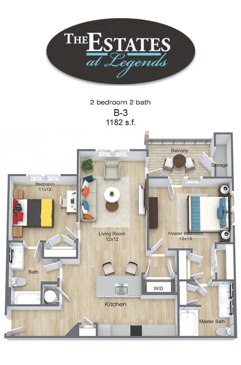 Floor plan for 2 beds, 2 baths, 1182 sqft
